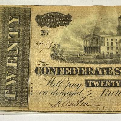 Confederate States of America 1864 $20 Circulated Condition Banknote/Currency as Pictured.