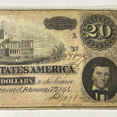 Confederate States of America 1864 $20 Circulated Condition Banknote/Currency as Pictured.