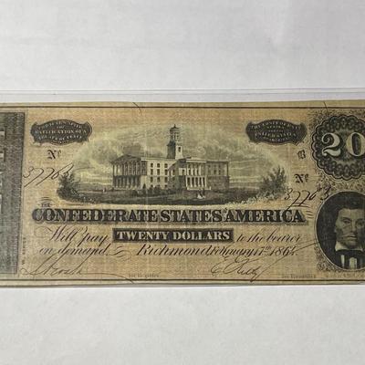 Confederate States of America 1864 $20 Circulated Condition Banknote/Currency as Pictured.