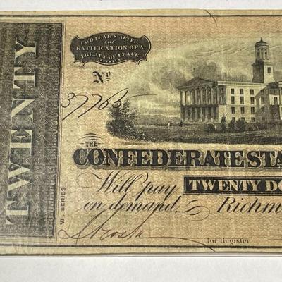 Confederate States of America 1864 $20 Circulated Condition Banknote/Currency as Pictured.