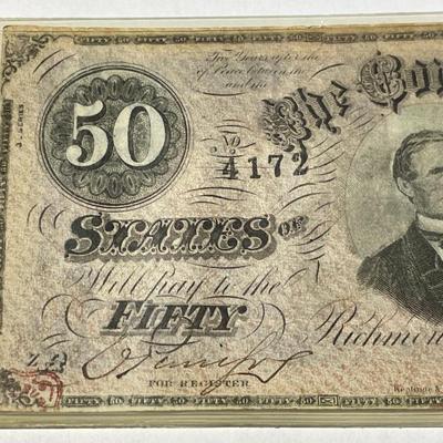 Confederate States of America 1864 $50 Circulated Condition Banknote/Currency as Pictured.