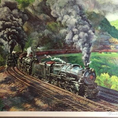 Theodore Xaras 1981 Signed Matted & Framed Pennsylvania Railroad Lithograph Frame Size 21in x 26in Good Preowned Condition.