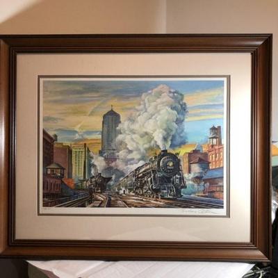 Theodore Xaras 1982 Signed Matted & Framed Eastbound CHICAGO/NYC Lithograph Frame Size 21in x 26in Good Preowned Condition.