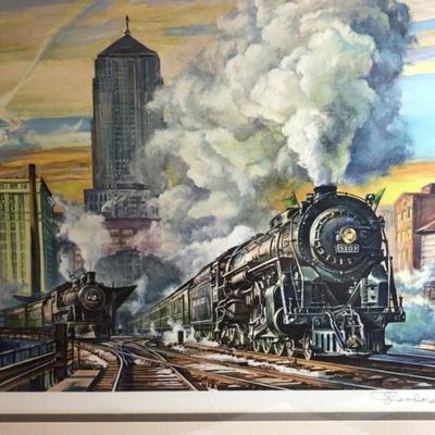 Theodore Xaras 1982 Signed Matted & Framed Eastbound CHICAGO/NYC Lithograph Frame Size 21in x 26in Good Preowned Condition.