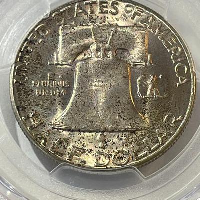 PCGS Certified 1953-S MS65 Nicely Toned Franklin Silver Half Dollar as Pictured.