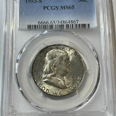 PCGS Certified 1953-S MS65 Nicely Toned Franklin Silver Half Dollar as Pictured.