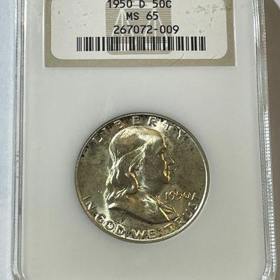 NGC Certified 1950-D MS65 Lightly Toned Franklin Silver Half Dollar as Pictured. (Has Full Bell Lines).