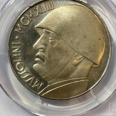 PCGS CERTIFIED ITALY 1943 PL64 CONDITION 20 LIRE - MUSSOLINI FANTASY MEDAL AS PICTURED.