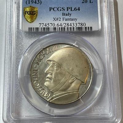 PCGS CERTIFIED ITALY 1943 PL64 CONDITION 20 LIRE - MUSSOLINI FANTASY MEDAL AS PICTURED.
