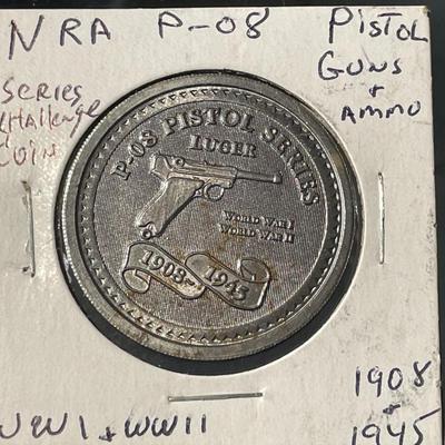 RARE NRA P-08 PISTOL SERIES LUGER COMMEMORATIVE MEDALLION COIN/MEDAL IKE DOLLAR SIZED IN VG PREOWNED CONDITION.