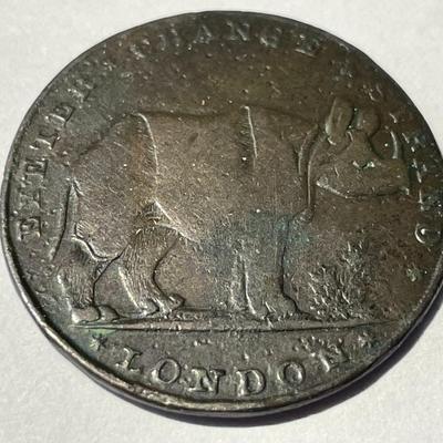 English c1795 Middlesex Pidcock's Exhibition Halfpenny Token Elephant & Rhinoceros SCARCE!