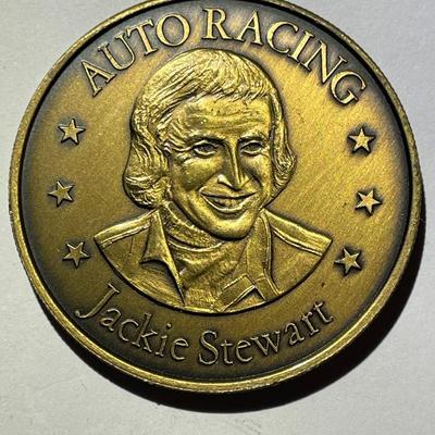 Vintage 1974 Bronze Coin Auto Racing Superstars Jackie Stewart Medal in Good Condition.