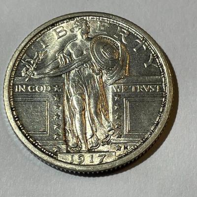 1917-P TYPE-I MS63 QUALITY FULL HEAD STANDING LIBERTY SILVER QUARTER AS PICTURED.