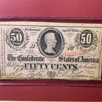 1863 50c Fifty Cent Note CSA Confederate States Richmond VA in Good Preowned Circulated Condition.