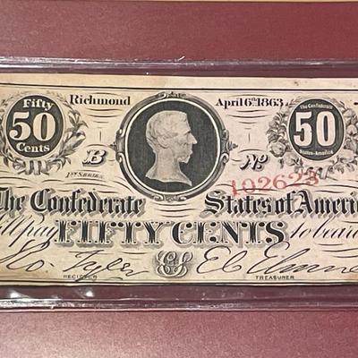 1863 50c Fifty Cent Note CSA Confederate States Richmond VA in Good Preowned Circulated Condition.