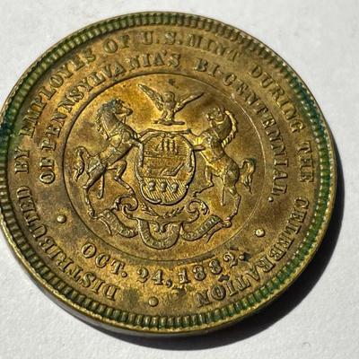 1882 William Penn Pennsylvania Bicentennial Commemorative Coin Token Medal as Pictured.