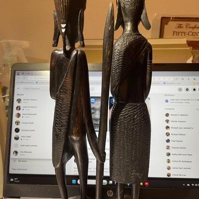 Vintage African Pair of Carved Ebony Wooden Figurines 12.75