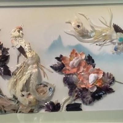 Beautiful Vintage Framed Asian Inspired 3-Dimensional Mother of Pearl Shell Art. Wall Decor Encased Frame Size 15.5