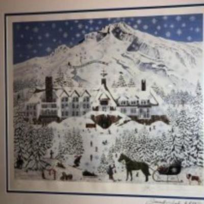 Snowflake Paradise (Timberline Lodge) by Jennifer Lake Miller Lithograph 74/250 in a Custom White Lacquered Frame. Frame Size 26.5