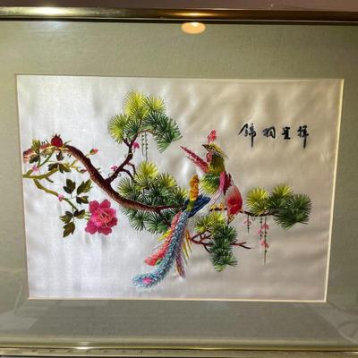 Vintage Asian Embroidered on Silk Artwork Frame Size 12