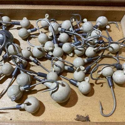 Vintage German Chocolate Wooden Box Loaded with Leaded Fishhooks as Pictured.