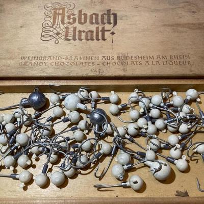 Vintage German Chocolate Wooden Box Loaded with Leaded Fishhooks as Pictured.