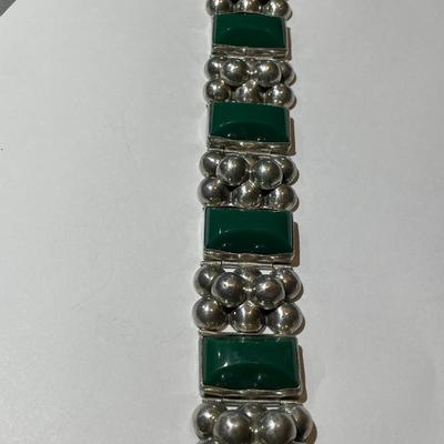 Vintage Mid-Century Mexican Sterling Silver .925 Green Onyx Bracelet 7.25 