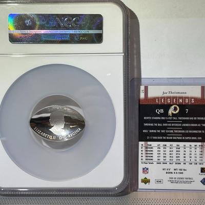 NGC CERTIFIED OVERSIZED HOLDER CANADA 2017 FIRST DAY ISSUE FOOTBALL $25 COIN HOLDER & CARD HAND SIGNED BY JOE THEISMANN.