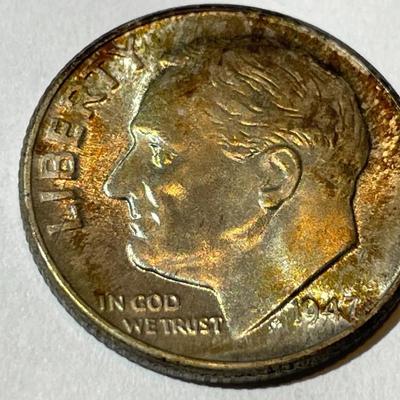 1947-D BU ORIGINAL TONED ROOSEVELT SILVER DIME FOR THE TONED LOVERS.