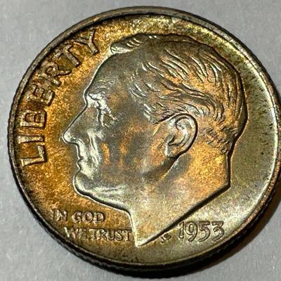 1953-D BU ORIGINAL TONED ROOSEVELT SILVER DIME FOR THE TONED LOVERS.