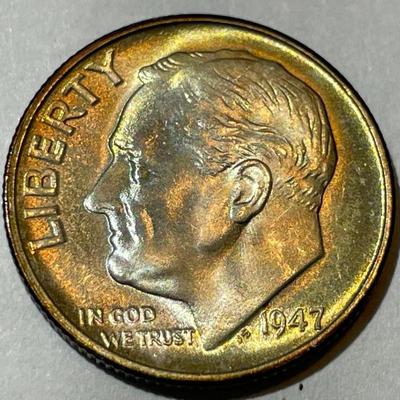 1947-S BU ORIGINAL TONED ROOSEVELT SILVER DIME FOR THE TONED LOVERS.