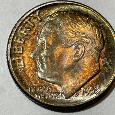 1953-P BU ORIGINAL TONED ROOSEVELT SILVER DIME FOR THE TONED LOVERS.