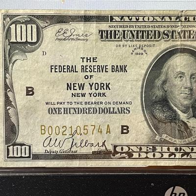 1929 Nice Circulated Condition $100 New York National Currency Serial #210574 as Pictured.