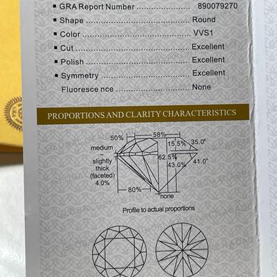 Certified GRA Moissanite 6.5mm 1-Carat Engagement Ring w/Lab Report and Adjustable Shank in VG Never Worn Condition.