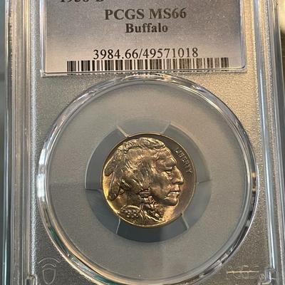 PCGS Certified 1938-D MS66 Golden Toned Top of Roll Buffalo Nickel.