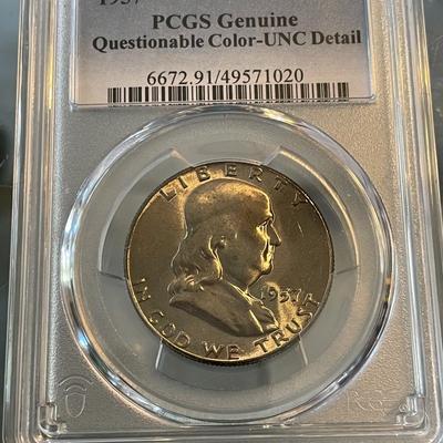 PCGS Certified 1957-P Uncirculated/FBL Superbly Toned Franklin Silver Half Dollar Taken from an Original Cardboard Mint Set.