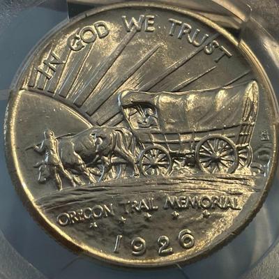 PCGS Certified Oregon Train 1926 Uncirculated/Cleaned Blast White Commemorative Silver Half Dollar