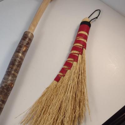 Pair of Hand Made Brooms- Turkey Wing and Natural Wooden Handled Broom