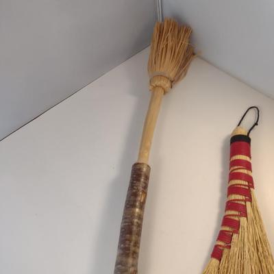Pair of Hand Made Brooms- Turkey Wing and Natural Wooden Handled Broom