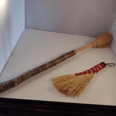 Pair of Hand Made Brooms- Turkey Wing and Natural Wooden Handled Broom