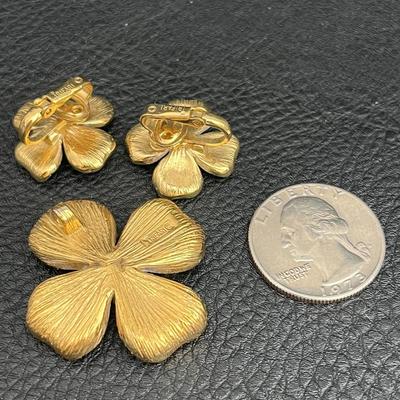 White & Gold Flower Clip on Earrings with matching Pin