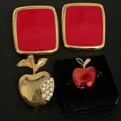 Red Colorblock Clip-on Earrings & Two Apple Brooch Pins
