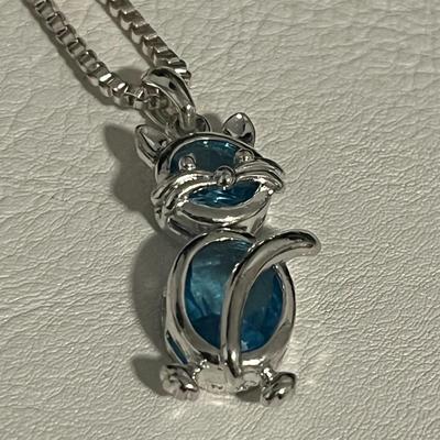 Set of Silvertone Cat Blue Pendant with Chain,Ring and Bracelet