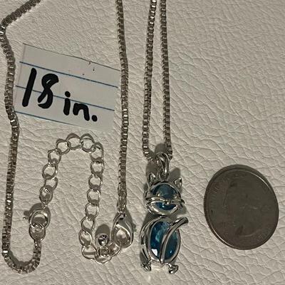 Set of Silvertone Cat Blue Pendant with Chain,Ring and Bracelet