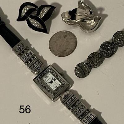 Silver Quartz Wrist Watch, Broach, & Clip-On Earrings