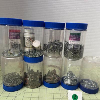 9 Storage Jars of Screws, Wire Brads Nails & Nuts