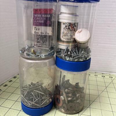 9 Storage Jars of Screws, Wire Brads Nails & Nuts