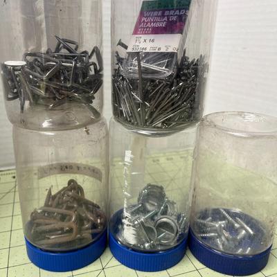 9 Storage Jars of Screws, Wire Brads Nails & Nuts