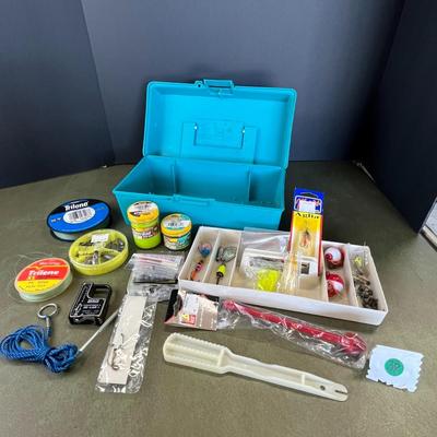 Aqua Blue Box of Fishing Equipment & Accessories