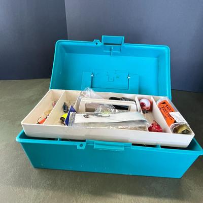 Aqua Blue Box of Fishing Equipment & Accessories
